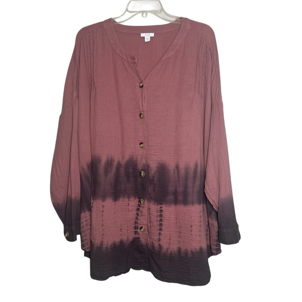 Pure Jill Tunic Top Womens Size Petite XL Cotton Gauzy Button Up Ombre Shirt